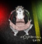 2017 anthro artist_name belly big_breasts blue_eyes breasts brown_hair canid canine canis clothed clothing digital_media_(artwork) dress female footwear fur grey_body grey_fur hair hi_res jacket mammal multicolored_body multicolored_fur overweight overweight_anthro overweight_female raining road shoes sneakers solo sophia_(xxsparcoxx) thick_thighs topwear two_tone_body two_tone_fur wet white_body wolf xxsparcoxx