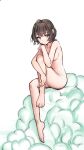  1girl absurdres artist_request barefoot blush breasts brown_eyes brown_hair closed_mouth completely_nude covering_breasts covering_privates highres leg_up looking_at_viewer navel nude original pillow short_hair shy sitting toes white_background 