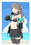  1girl ahoge beach bikini bikini_top_only black_gloves black_hairband black_skirt black_thighhighs blue_sky choker cloud cloudy_sky cropped_legs fingerless_gloves girls&#039;_frontline gloves grey_hair hair_bun hairband highres honey_badger_(girls&#039;_frontline) jacket kawara_pigeon long_hair looking_at_viewer multicolored_clothes multicolored_jacket navel off_shoulder open_clothes open_jacket outdoors pleated_skirt purple_eyes skirt sky solo swimsuit thighhighs two-tone_jacket water 