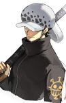  1boy black_jacket closed_mouth cropped_torso earrings facial_hair goatee hat hat_over_one_eye highres holding holding_sword holding_weapon jacket jewelry long_sideburns looking_at_viewer male_focus one_piece short_hair sideburns simple_background solo sword tokoni_fusu trafalgar_law weapon white_background white_headwear yellow_eyes 