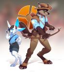  2018 5_fingers anthro arrow blue_eyes bow_(weapon) brown_fur brown_nose canine clothed clothing digital_media_(artwork) digitigrade dog duo fur gun hair handgun hi_res holding_object holding_weapon kyander male mammal open_mouth pistol ranged_weapon scout_(team_fortress_2) sniper_(team_fortress_2) team_fortress_2 teeth tongue transcender valorice valve video_games weapon 