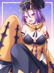  1girl baggy_pants bare_shoulders black_headwear black_pants blush breasts chinese_clothes cleavage detached_collar detached_sleeves fate/grand_order fate_(series) gradient_background hair_between_eyes hat highres hip_vent knee_up large_breasts looking_at_viewer open_mouth pants pelvic_curtain purple_eyes purple_hair short_hair sleeves_past_fingers sleeves_past_wrists smile solo tassel uto_hyou wide_sleeves wu_zetian_(fate) wu_zetian_(swimsuit_caster)_(fate) wu_zetian_(swimsuit_caster)_(second_ascension)_(fate) 