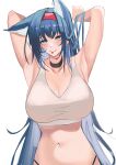  1girl :p absurdres animal_ears arknights armpits arms_up bare_shoulders black_choker black_panties blaze0056308 blaze_(arknights) blue_eyes blue_hair blush breasts cat_ears cat_girl choker cleavage collarbone furrowed_brow hair_between_eyes hairband highleg highleg_panties highres large_breasts long_hair looking_at_viewer navel panties red_hairband solo sports_bra stomach sweat tongue tongue_out underwear upper_body very_long_hair white_background white_sports_bra 