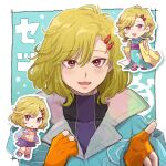  1other antenna_hair aqua_coat artist_name blonde_hair chibi chiimako coat fingerless_gloves gloves gnosia hair_ornament hairclip long_hair looking_at_viewer multiple_persona red_eyes setsu_(gnosia) short_hair solo turtleneck 