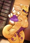 absurd_res anthro bandai_namco big_breasts big_nipples blush breasts caught_off_guard digimon digimon_(species) embarassed_nude_female female hi_res inside japanese_architecture light markings neck_tuft nipples open_door purple_markings reaching_towards_viewer renamon solo srrealleaf sunlight tagme thick_thighs tuft white_body yellow_body yin_yang