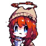  1girl animal_ear_headwear animated animated_gif beanie blue_archive blue_eyes blush brown_headwear closed_eyes closed_mouth downvote_(downvote_me) drinking halo hat maki_(blue_archive) maki_(camp)_(blue_archive) red_hair red_halo simple_background solo upper_body white_background 