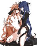  2girls animal_ears arcana_(reverse:1999) assertive_female black_shirt blue_hair breasts breasts_apart brown_hair cleavage cleavage_cutout clothed_female_nude_female clothing_cutout collarbone completely_nude druvis_iii fingering fox_ears fox_girl hand_up kneeling large_breasts long_hair long_sleeves multiple_girls nude parted_bangs pussy_juice rekka reverse:1999 shirt simple_background small_breasts trembling white_background yellow_eyes yuri 