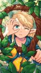  1girl ;3 blonde_hair blue_capelet blue_robe braid capelet dungeon_meshi elf green_eyes holding holding_staff looking_at_viewer marcille_donato one_eye_closed phoen plant pointy_ears robe solo staff 