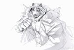  1boy animal_ears arknights bara clenched_hand cropped_torso furry furry_male greyscale highres looking_at_viewer luoluokun517 male_focus monochrome mountain_(arknights) muscular muscular_male scar scar_across_eye short_hair sketch solo spikes thick_eyebrows tiger_boy tiger_ears 