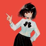  1girl black_bow black_bowtie black_hair black_skirt bob_cut bow bowtie closed_mouth collared_shirt hand_up highres jellying limbus_company long_sleeves looking_at_viewer project_moon red_background red_eyes ryoshu_(project_moon) shirt short_hair simple_background skirt solo upper_body white_shirt 