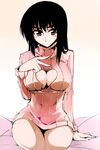  bangs black_hair blush bottomless breasts cleavage cleavage_cutout cosaten covered_nipples curvy heart heart_cutout hips large_breasts long_hair looking_at_viewer ribbed_sweater school_rumble seiza simple_background sitting smile solo straight_hair suou_mikoto sweater turtleneck v white_background 