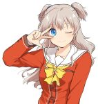  1girl bow charlotte_(anime) grey_hair highres hoshinoumi_academy_school_uniform long_hair misaki_juri red_shirt sailor_collar sailor_shirt school_uniform serafuku shirt simple_background solo tomori_nao two_side_up upper_body v_over_eye white_background white_sailor_collar yellow_bow 