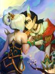 1boy 1girl absurdres armlet bare_shoulders black_dress black_hair bracelet branch closed_mouth cloud collarbone dress earrings eye_contact ezreal facing_another hair_between_eyes hair_rings hand_up heavenscale_ezreal highres jewelry league_of_legends looking_at_another lunar_empress_lux lux_(league_of_legends) official_alternate_costume outdoors shirt smile vogel_(itsvogelart) 