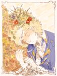  1boy ah_roro aiguillette autumn_leaves bad_drawr_id bad_id blonde_hair blue_jacket border branch closed_eyes closed_mouth flower flower_wreath hands_up head_wreath jacket leaf leaf_pile lying male_focus oekaki on_side original red_flower shirt short_hair solo unbuttoned unbuttoned_shirt upper_body white_border white_shirt yellow_background yellow_flower 