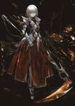  1girl arm_at_side armor armored_dress breastplate closed_mouth dress expressionless full_body greaves grey_eyes grey_hair hair_between_eyes highres holding holding_scythe long_dress long_hair looking_at_viewer original pauldrons red_dress scythe shoulder_armor sidelocks solo tuda6 vambraces 