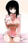  black_hair blush breasts cosaten covered_nipples curvy large_breasts school_rumble seiza sitting solo suou_mikoto sweater turtleneck v 