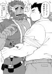  2boys ^_^ bara beard blush closed_eyes couple cowboy_shot dark-skinned_male dark_skin eyebrow_cut facial_hair flaming_eye flying_sweatdrops forearms full_beard greyscale hephaestus_(housamo) highres large_pectorals male_focus mature_male monochrome motion_lines multiple_boys muscular muscular_male no_mouth open_jumpsuit pectoral_cleavage pectorals protagonist_3_(housamo) short_hair shy sleeves_rolled_up standing syousinman tearing_up thick_beard thick_eyebrows thick_thighs thighs tokyo_afterschool_summoners translation_request unzipped upper_body yaoi 