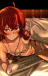  1girl absurdres ahoge bed_sheet blush bow bow_bra bow_panties bra breasts cleavage closed_mouth collarbone crossed_bangs eris_greyrat highres kou_(spad7u59) long_hair looking_at_viewer lying mushoku_tensei navel on_side panties red_eyes red_hair small_breasts solo under_covers underwear underwear_only wavy_mouth white_bra white_panties 