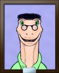 after_transformation clothed clothing deinonychus demi_transformation dinosaur dr._nychus dromaeosaurid employee_of_the_month eyewear feral glasses green_eyes hair looking_at_viewer portrait postalroo reptile scalie sharp_teeth smile solo story story_in_description teeth theropod