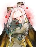  1girl alternate_size animal annoyed antenna_hair black_hair blonde_hair blush closed_eyes commentary_request dress fur-trimmed_dress fur_trim godzilla godzilla_(monsterverse) godzilla_(series) gradient_background heart highres holding holding_animal hug long_hair mothra mothra_(monsterverse) multicolored_hair oreoumai personification smile solo standing very_long_hair white_hair yellow_dress 