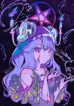  1girl animal_skull bare_shoulders bird blue_fire blunt_bangs candle closed_mouth crow curled_horns dated dirty dirty_face feathers fire hands_up highres horns kiato long_hair original pentagram pink_eyes purple_background purple_hair purple_shirt shirt signature solo upper_body 