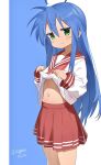  1girl :3 ahoge artist_name blue_background blue_hair clothes_lift commentary_request cowboy_shot green_eyes highres izumi_konata jitome long_hair long_sleeves looking_at_viewer lucky_star nagare_(flow) navel neckerchief pleated_skirt red_neckerchief red_skirt shirt_lift simple_background skirt solo standing twitter_username very_long_hair white_background 