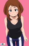  1girl black_tank_top blue_pants blush_stickers boku_no_hero_academia breasts brown_eyes brown_hair cleavage closed_mouth highres large_breasts looking_at_viewer medium_hair pants pink_background simple_background smile solo tank_top track_pants tsuranukko two-tone_pants uraraka_ochako white_pants 