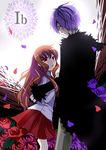  1girl blue_flower blue_rose brown_hair flower garry_(ib) ib ib_(ib) jacket long_hair petals purple_eyes purple_hair reckless3 red_eyes red_flower red_rose rose short_hair skirt 