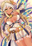  1girl andromeda_(fate) bare_shoulders blonde_hair breasts cleavage dark-skinned_female dark_skin fate/grand_order fate_(series) green_eyes highres large_breasts long_hair looking_at_viewer open_mouth sen_(astronomy) solo white_hair 