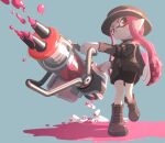  1girl absurdres bike_shorts black_headwear black_sweater blue_background boots brown_footwear bullet closed_mouth commentary_request cross-laced_footwear full_body gun hat heavy_edit_splatling_(splatoon) highres holding holding_gun holding_weapon inkling_girl inkling_player_character long_hair maple_albus paint pink_hair pointy_ears red_eyes simple_background solo splatoon_(series) splatoon_3 standing sweater tentacle_hair thick_eyebrows v-shaped_eyebrows weapon 