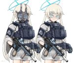  1girl absurdres ammunition_pouch assault_rifle belt belt_pouch black_gloves blonde_hair blue_archive blue_eyes bulletproof_vest character_request gas_mask gloves gun halo highres holding holding_gun holding_weapon light_blush load_bearing_vest looking_at_viewer m4_carbine magazine_(weapon) mask military multiple_views optical_sight pointy_ears pouch rifle short_hair_with_long_locks smile strap suppressor tactical_clothes weapon white_background wolfkine 