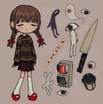  aged_down alternate_costume arms_at_sides blush braid brown_hair closed_eyes closed_mouth expressionless eye_person_(yume_nikki) eyeball flute frown full_body ghost grey_background hair_bobbles hair_ornament instrument io_(onisarashi) kitchen_knife kneehighs lantern long_hair long_sleeves low_twintails madotsuki mary_janes medium_bangs miniskirt one-eyed pleated_skirt red_footwear shoes sidelocks simple_background skirt sleeves_past_wrists socks standing sweater traffic_light twin_braids twintails white_socks yume_nikki 
