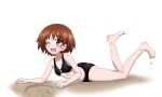  1girl absurdres ass barefoot bikini black_bikini blue_eyes blush breasts brown_hair girls_und_panzer highres key_(gaigaigai123) one_eye_closed open_mouth sakaguchi_karina sand short_hair simple_background small_breasts solo striped_bikini striped_clothes swimsuit tripping white_background 