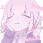  1girl :3 blush character_name closed_eyes closed_mouth collared_shirt danganronpa_(series) danganronpa_2:_goodbye_despair fork hand_on_own_cheek hand_on_own_face heart highres holding holding_fork jacket long_sleeves nabi_(mabinabi0625) nanami_chiaki notice_lines open_clothes open_jacket portrait shirt solo two-tone_shirt 