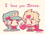  2boys blonde_hair blue_coat blue_hair blue_headwear blush_stickers bow chibi chibi_only coat dio_brando earrings english_text fang full_body heart holding holding_heart jewelry jojo_no_kimyou_na_bouken kotorai kujo_jotaro male_focus multiple_boys no_nose red_bow red_ribbon ribbon signature simple_background sitting solid_oval_eyes thick_eyebrows white_background yaoi 