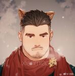  1boy :/ alca_(wakatanka4) alternate_costume animal_ears bara beard_stubble black_hair facial_hair gyee lion_ears male_focus mature_male original portrait red_scarf scarf short_hair straight-on stubble thick_eyebrows thick_neck undercut winter xian_miao 