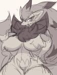 3:4 absurd_res anthro big_breasts black_body black_fur breasts claws female fur generation_5_pokemon hair hi_res looking_at_viewer multicolored_hair nintendo nyaswitchnya pokemon pokemon_(species) simple_background solo thick_thighs tuft zoroark