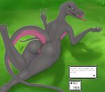 anthro breasts butt dialogue female flat_chested foidile generation_7_pokemon genitals grass hi_res lizard looking_at_viewer lying nintendo palworld plant pocketpair pokemon pokemon_(species) pussy rear_view reptile salazzle scalie small_breasts solo speech_bubble tail talking_to_viewer text