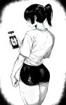  1girl absurdres alternate_costume ass cellphone cellphone_photo closed_mouth commentary english_commentary fingernails from_behind glasses greyscale highres holding holding_phone jujutsu_kaisen long_hair monochrome phone ponytail profile round_eyewear shirt short_shorts short_sleeves shorts solo t-shirt thighs zen&#039;in_maki zovokia 