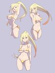  1girl absurdres adjusting_clothes adjusting_swimsuit armpits arms_up bikini blonde_hair blue_eyes blush breasts cleavage commentary cropped_legs darkness_(konosuba) frown gradient_hair grey_background groin hair_ornament half-closed_eyes halterneck head_tilt highres kono_subarashii_sekai_ni_shukufuku_wo! large_breasts long_hair looking_at_viewer multicolored_hair multiple_views navel noyama_takenoko orange_hair ponytail standing sweat sweatdrop swimsuit x_hair_ornament yellow_bikini 