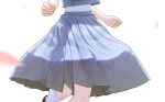  1girl bare_arms black_footwear blue_skirt commentary_request fingernails highres kneehighs korean_commentary leetaebaek lower_body medium_skirt original petals running shoes simple_background skirt skirt_set socks solo white_background white_socks white_undershirt 