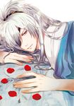  brave_10 date_masamune_(brave_10) eyepatch long_hair male_focus petals solo tsukiko_(doll_house) white_hair 