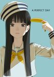  1girl absurdres banana bananafish1111 black_eyes black_hair blue_background blunt_bangs english_text expressionless food fruit hat highres hime_cut holding holding_food holding_fruit long_hair original sailor_hat school_uniform serafuku simple_background 