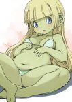  1girl :o bare_arms bare_legs bare_shoulders barefoot belly bikini blonde_hair blue_eyes blunt_bangs breasts cleavage collarbone colored_skin dragon_quest dragon_quest_x dwarf_(dq10) eyelashes green_skin large_ears leaning_back long_hair medium_breasts muramasa_mikado navel open_mouth shadow sitting solo straight_hair swimsuit white_bikini 