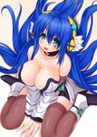  asamura_hiori blue_hair boots breasts choker cleavage green_eyes highres large_breasts long_hair md5_mismatch original sitting solo thighhighs wariza 