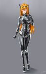  1girl absurdres ahoge commission cyborg full_body grey_background hand_on_own_chest hayabusa_aoi highres joints long_hair looking_at_viewer orange_eyes orange_hair original robot_joints science_fiction signature skeb_commission solo standing 