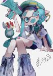  1girl arm_support arm_up asymmetrical_hair bandaid bandaid_on_face bandaid_on_knee bandaid_on_leg bike_shorts black_shorts blue_eyes blue_hair blue_hat boots braid bulging_eyes earrings fangs gun hat highres holding holding_gun holding_weapon ink_tank_(splatoon) inkling inkling_girl inkling_player_character invisible_chair jewelry long_hair looking_at_viewer miruko_(mt423324bchoco) no_nose number_earrings open_mouth peaked_cap pointy_ears print_shirt shirt short_sleeves shorts single_braid single_earring sitting smallfry_(splatoon) splatoon_(series) splatoon_3 splattershot_jr_(splatoon) tentacle_hair weapon white_background white_footwear white_shirt 