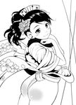  ass blush comb flower fundoshi greyscale hair_flower hair_ornament japanese_clothes kimono momohime monochrome neyuki_rei oboro_muramasa solo 