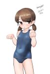  1girl absurdres blue_one-piece_swimsuit brown_eyes brown_hair covered_navel cowboy_shot dated flat_chest highres kantai_collection low_twintails maru_(marg0613) old_school_swimsuit one-hour_drawing_challenge one-piece_swimsuit paw_pose school_swimsuit shirayuki_(kancolle) short_hair simple_background solo standing swimsuit twintails twitter_username white_background 