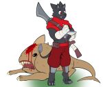 black_body black_fur blood bodily_fluids clothing corpse digitigrade fours_(artist) fur glaive hi_res male melee_weapon monster polearm red_eyes rex_(fours) solo warg_(fours) weapon writing_(disambiguation)